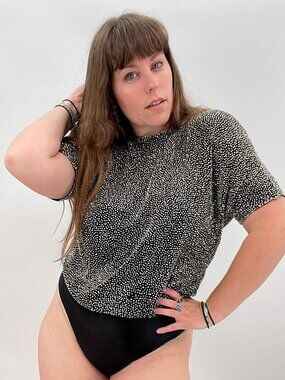 Vintage Silver Beaded Top Oleg Cassini Black Tie Bodysuit | Size S/M